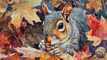 Foto op Aluminium Watercolor, Squirrel with acorn, close up, amidst colorful leaves, playful gaze © Thanthara