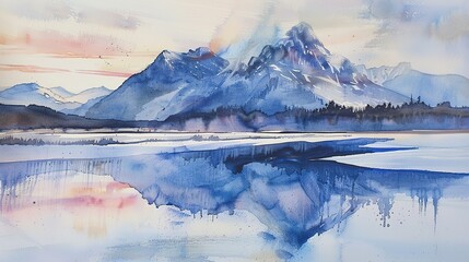 Watercolor, Twilight hues on mountain, close up, mirrored in icy pond, solitude  - obrazy, fototapety, plakaty