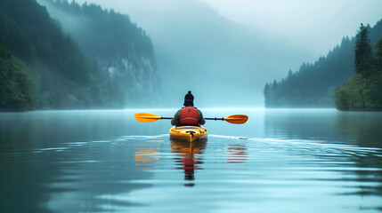 A lone kayaker cuts through the calm waters of a mounttain lake, enveloped by early morning mist, with forested slopes disappearing into the tranquil haze - Generative AI - obrazy, fototapety, plakaty