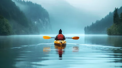 Foto op Canvas A lone kayaker cuts through the calm waters of a mounttain lake, enveloped by early morning mist, with forested slopes disappearing into the tranquil haze - Generative AI © chris3d