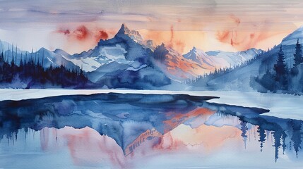 Watercolor, Twilight hues on mountain, close up, mirrored in icy pond, solitude - obrazy, fototapety, plakaty