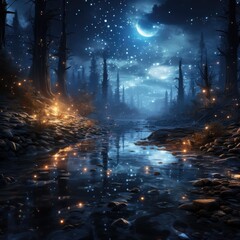 A beautiful painting of a moonlit forest with a river running through it. The trees are tall and majestic, and the water is still and reflective. The sky is dark and starry, and there is a sense of pe