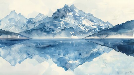 Watercolor, Frosty mountain top, close up, reflection in crystal clear spring 
