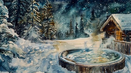 Watercolor, Steaming hot tub near cabin, close up, snow around, stars above