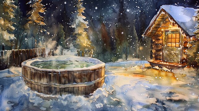 Watercolor, Steaming hot tub near cabin, close up, snow around, stars above 