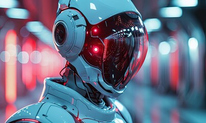 A close-up shot of an advanced humanoid robot with a highly detailed, futuristic helmet