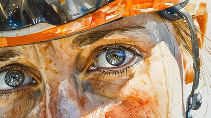 Watercolor, Cyclist's determined eyes, close up, helmet reflection, golden hour