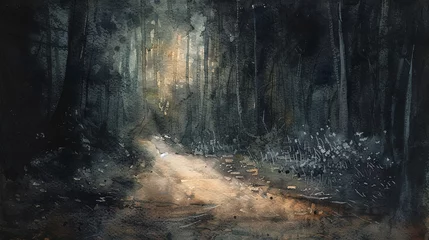 Poster Watercolor, Night ride, close up, headlamp beam on trail, darkness surrounds © Thanthara