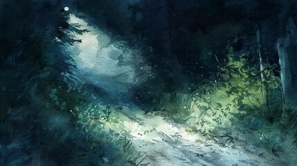 Watercolor, Night ride, close up, headlamp beam on trail, darkness surrounds 