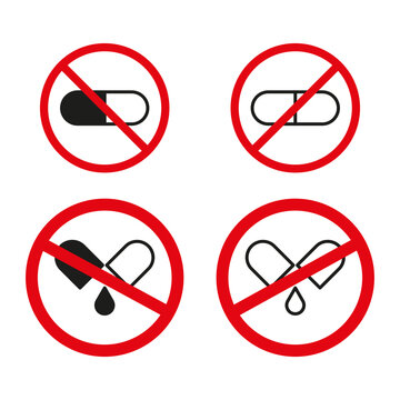 Prohibited medication symbols. No pills or drugs allowed signs. Forbidden pharmaceutical icons. Vector illustration. EPS 10.