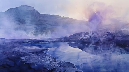 Watercolor, Mountain hot spring, close up, steam rising, twilight ambiance 