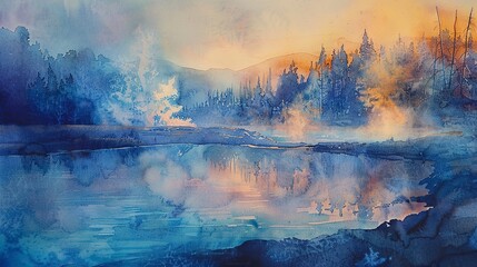 Watercolor, Mountain hot spring, close up, steam rising, twilight ambiance  - obrazy, fototapety, plakaty