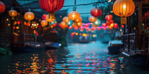 Beautiful Night Scene of Colorful Chinese Lanterns Floating Down Canal in Asian Country