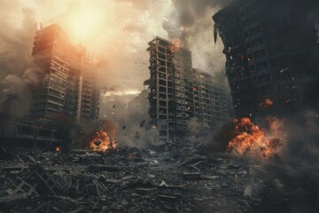 apocalyptic city destruction scene with crumbling buildings and debris dramatic concept art - obrazy, fototapety, plakaty