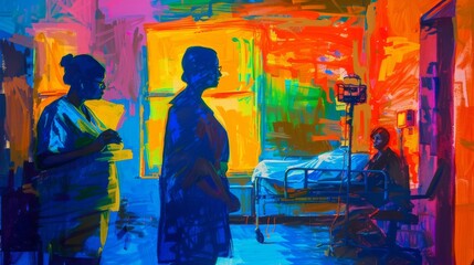 A health services manager overseeing a patient care unit, in a vivid, expressionist painting style.