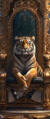 Obraz premium A tiger facing the camera, seated regally on a chair, exuding power and majesty 🐅📸 Capture the essence of wild beauty in this striking image! #MajesticPresence