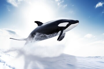 Killer Whale Jumping in Splashing Snow Against Cloudy Sky