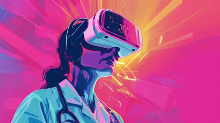 A health services manager using VR to simulate hospital management scenarios, in a vibrant pop art style.