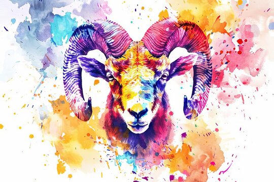 aries zodiac sign watercolor painting with colorful splash effect on white background