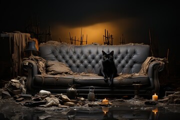 black cat on a couch, apocalyptic background, illustration - obrazy, fototapety, plakaty