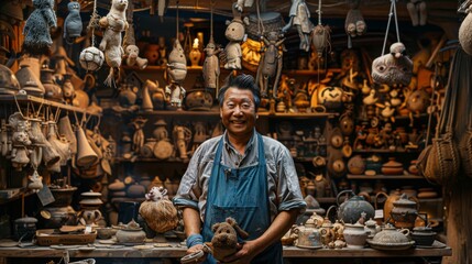 A puppet maker in a magical workshop, surrounded by whimsical, hand-carved puppets hanging from the ceiling. - obrazy, fototapety, plakaty