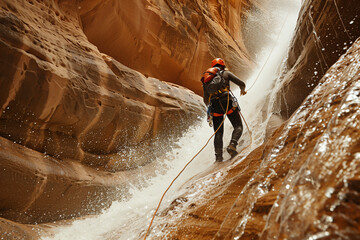 Canyoning adventure, exploring remote river gorges, showcasing the daring spirit of canyoning, risk, and adventure