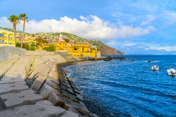 The 17th century Fortress of São Tiago, or Funchal Fort along the seafront of the Zona Velha Old town in the historic city of Funchal, Portugal, on the Canary island of Madeira. - obrazy, fototapety, plakaty
