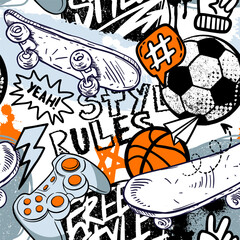 Graffiti seamless pattern with joystick, skateboard, ball and grunge elements on white background. Urban print for teen boys