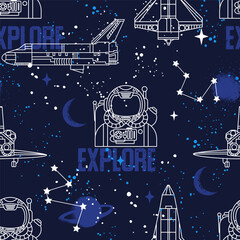 Hand drawn space seamless pattern.  Vector doodle illustration. Background for boys with cartoon rockets, planets, stars, spaceship and astronaut