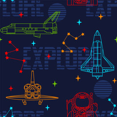 Space seamless pattern.  Vector color illustration. Background for boys with rockets, planets, stars, spaceship. Dark blue background