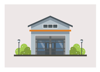 Shop house building with closed folding door. Simple illustration
