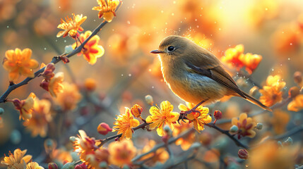 A cute little tweety bird sitting in a flowers - obrazy, fototapety, plakaty