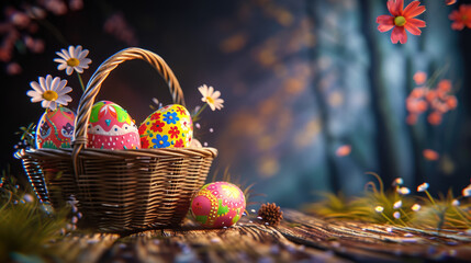 Rustic Easter Bounty Basket of Eggs with Bokeh 8K Image