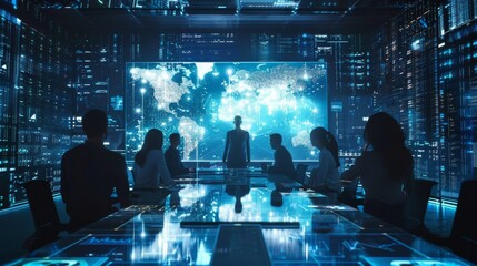 A team of IT professionals strategizing in a war room with holographic data projections, in a cinematic sci-fi style.