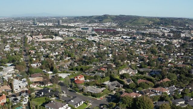 Aerial view of Culver City residences, homes, trees in Los Angeles California