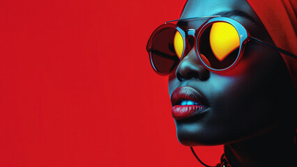 A black, african american woman wearing a red scarf and glasses on red background with copy space....