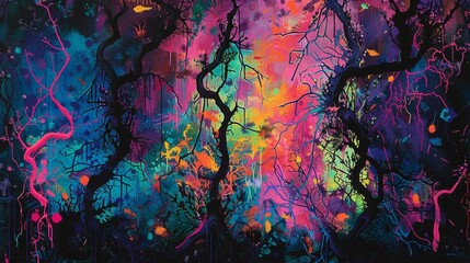 Abstract art depicting the sensation of anxiety as a tangled forest of thorn-covered vines in glaring, neon colors. - obrazy, fototapety, plakaty
