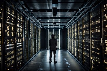 Rear view of a businessman standing in a server room and looking at the data - Powered by Adobe