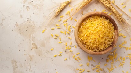 Wooden Bowl Filled With Yellow Rice on Table