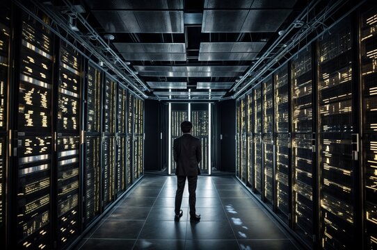 Rear view of a businessman standing in a server room and looking at the data