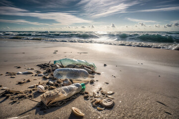 Fototapeta premium Plastic pollution on the beach. Pollution of the environment concept.