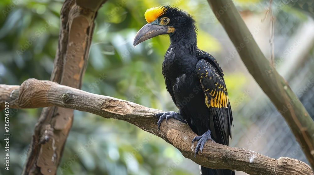 Wall mural  Perched gracefully on a branch amidst a blur of lush foliage, a yellow-billed toucan surveys its surroundings with keen eyes. 