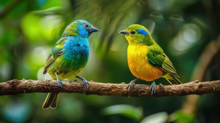 Fototapeta premium In a verdant forest setting, a group of green and yellow macaws gather on a branch, their colorful feathers contrasting beautifully with the lush greenery surrounding them. 