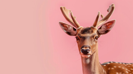 Serene deer with velvety antlers on a soothing pink background, an artistic wildlife composition