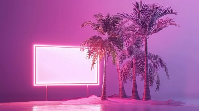 A striking scene unfolds as an empty white frame hangs against a backdrop of swaying palm trees illuminated by vibrant neon lights.