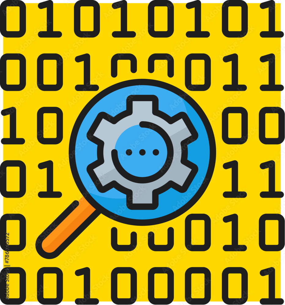Fototapete Artificial intelligence analysis, AI algorithm, machine learning data mining linear color icon. AI data analysis digital science line vector icon with binary code, cog wheel and magnifying glass