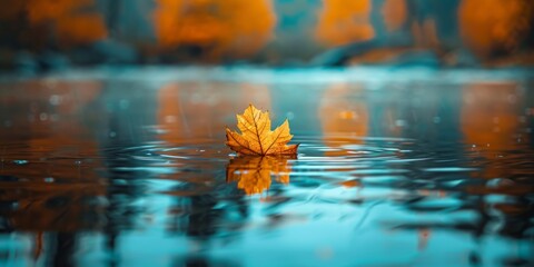 A single autumn leaf gently rests on the surface of tranquil water with a reflective, serene backdrop.