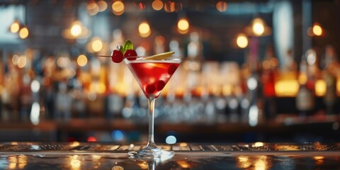 An exquisite cocktail with a cherry garnish presented on a bar with soft bokeh lighting.