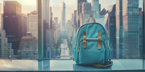 A traveler's backpack sits against a window with a view of a sprawling city skyline at dawn.