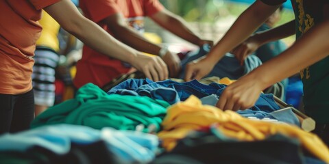 Hands sorting through a pile of colorful donated clothes, representing community support and charity work.